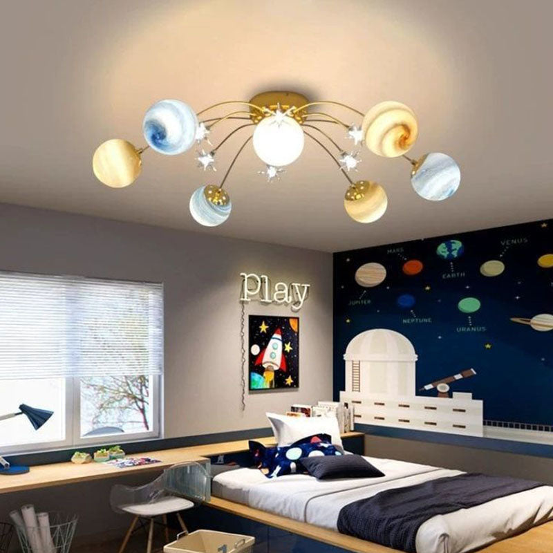 Zeitgenössische Creative Planet Kids Eisen Glas 13-Licht Semi-Flush Mount Deckenleuchte für Schlafzimmer 