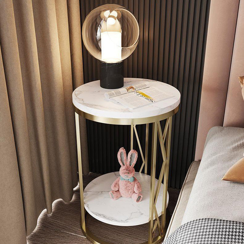 Mesa de Centro Moderna de Lujo Redonda con Tapa de Hierro y Estante de Roca para Sala de Estar 