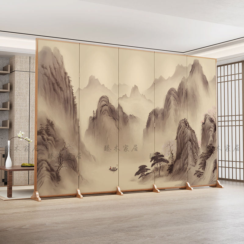 Traditional Chinese Rectangular Fir Wood Solid Wood Plywood Cotton Canvas Room Divider For Living Room