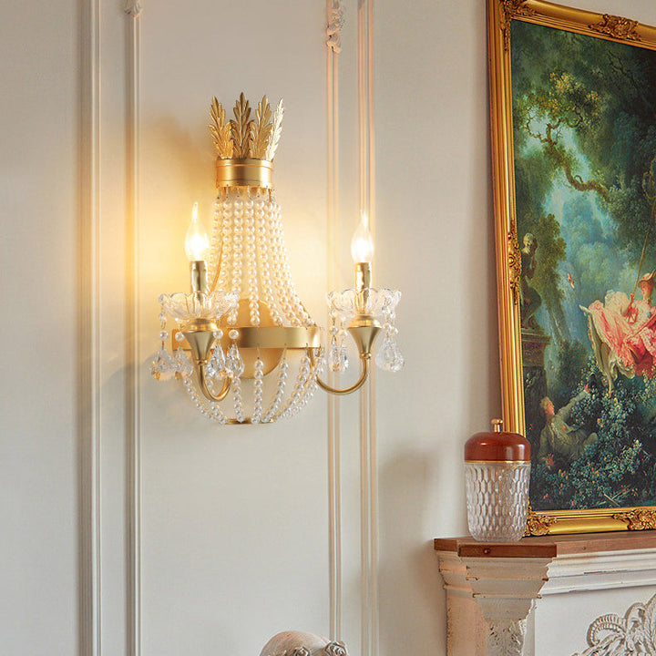 Lámpara de Aplique de Pared de 2 Luces de Cristal de Perlas y Hierro con Flecos en Media Luna de Lujo Moderno para Dormitorio 