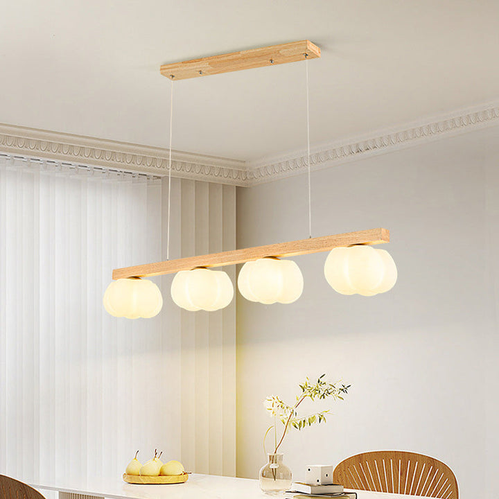 Traditioneller Inselleuchter mit 4 Leuchten aus Eisen und Kunststoff in japanischer Holzoptik mit Baumwollschirm für das Wohnzimmer 