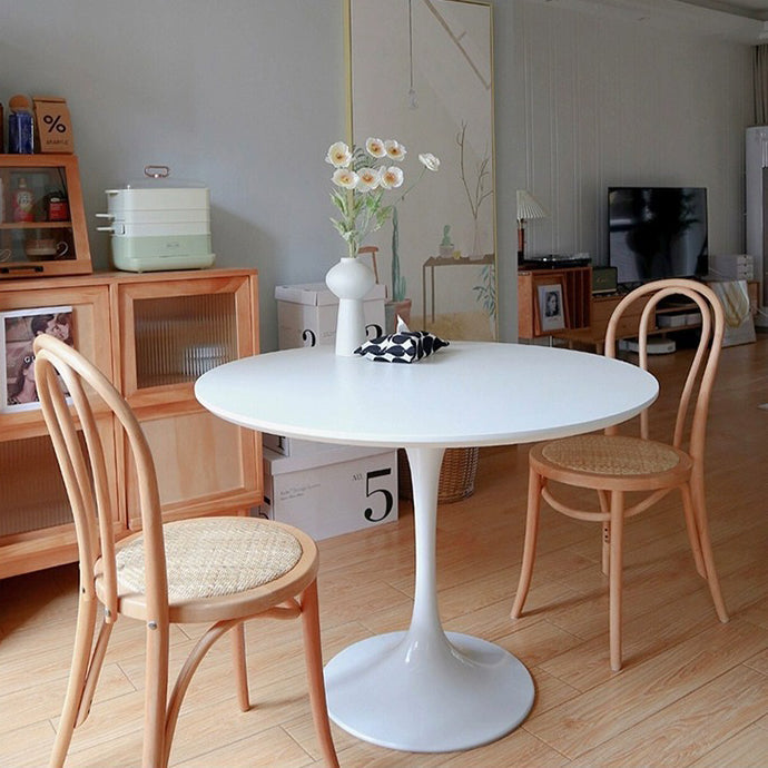 Contemporary Retro Faux Rattan Rubberwood Round Arched Dining Chair Backrest For Dining Room