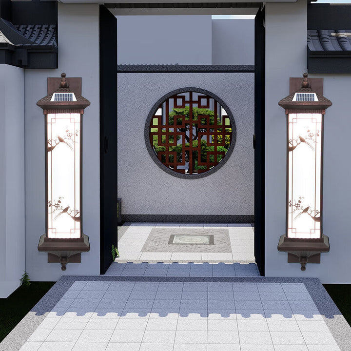 Traditionelle chinesische rechteckige Aluminiumglas-Solar-LED-Wandleuchterlampe für Garten