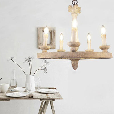 Candelabro redondo de hierro con 6 luces de estilo rústico de granja con madera envejecida para sala de estar 