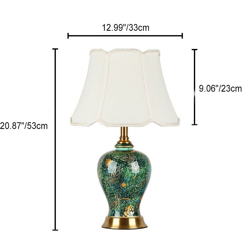 Traditional Vintage Emerald Ceramic Fabric Hardware 1-Light Table Lamp for Bedroom