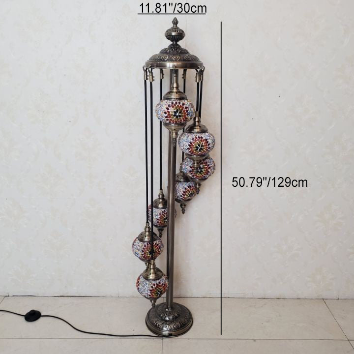 Lámpara de pie de vidrio teñido de hierro con bola ovalada tradicional Tiffany de 5/7 luces para sala de estar 