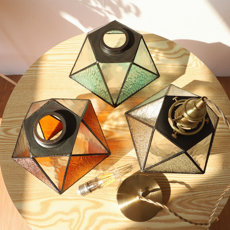 Traditionelle Vintage polygonale Messing Buntglas 1-Licht Pendelleuchte für Wohnzimmer 