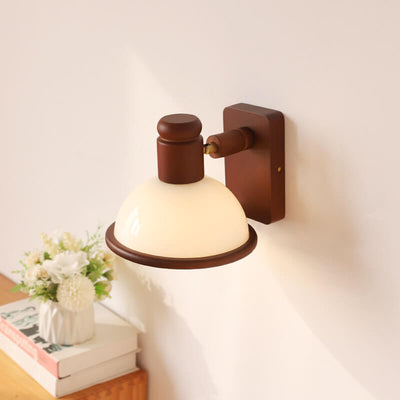 Chinese Vintage Walnut Wood Adjustable Swing Arm Dome 1-Light Wall Sconce Lamp