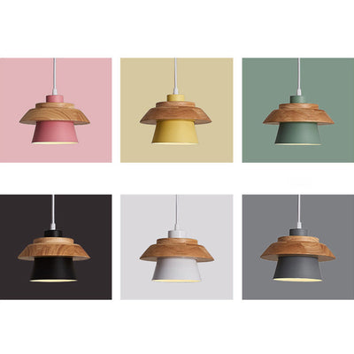 Modern Minimalist Macaron Disc Round Wooden Iron 1-Light Pendant Light For Living Room