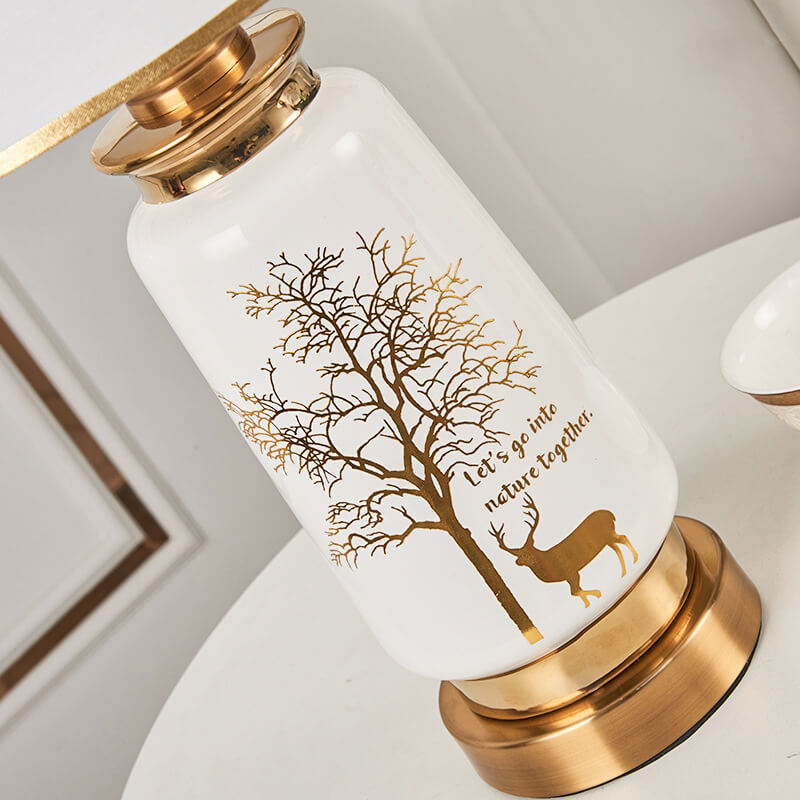 Contemporary Nordic Fabric Deer Tracing Gold Ceramic Hardware 1-Light Table Lamp for Living Room Bedroom