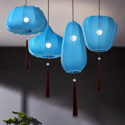 Traditionelle chinesische Laterne Stoff Eisen 1-Licht Pendelleuchte für Schlafzimmer 