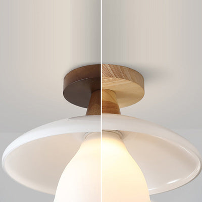 Moderne minimalistische runde Cup Glas Holz 1-Licht Semi-Flush Mount Deckenleuchte für Wohnzimmer 