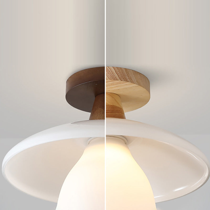 Moderne minimalistische runde Cup Glas Holz 1-Licht Semi-Flush Mount Deckenleuchte für Wohnzimmer 