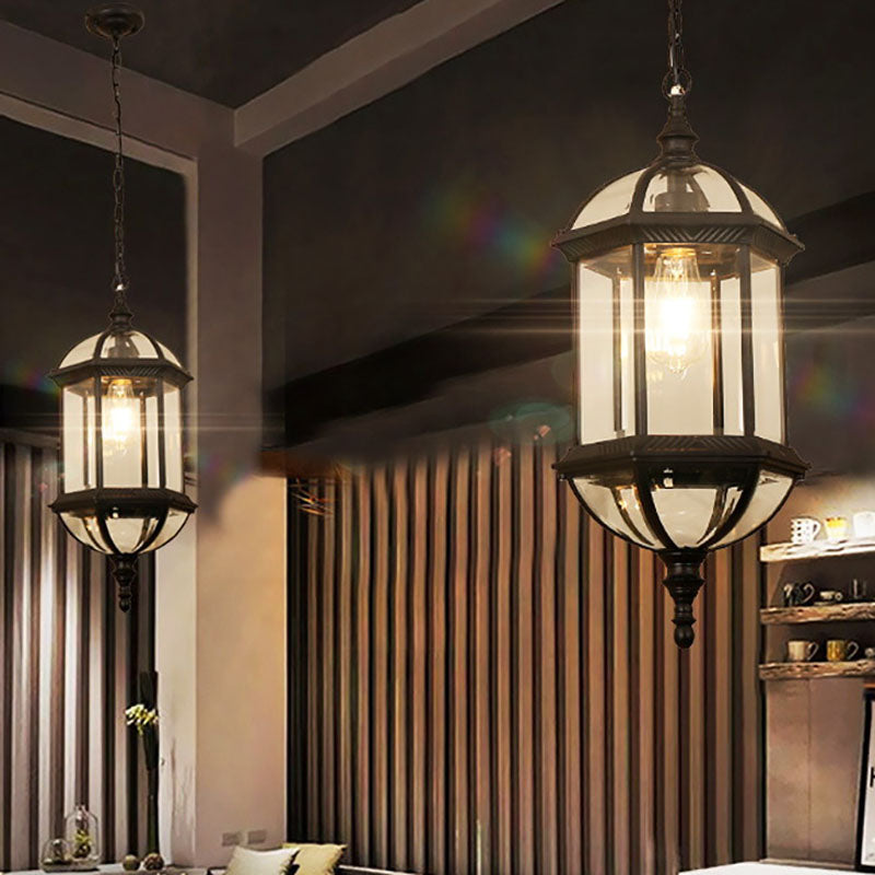 Zeitgenössische Retro sechseckige Laterne Glas Aluminium 1-Licht wasserdichte Pendelleuchte für Terrasse im Freien 