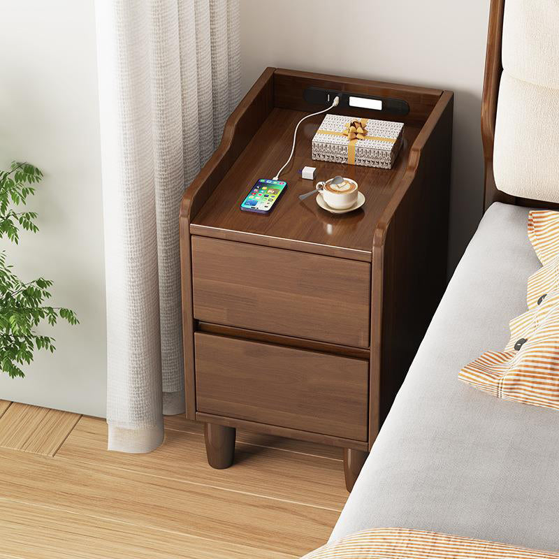 Table de chevet rectangulaire minimaliste moderne en bois de caoutchouc avec 2 tiroirs, lumière de capteur et chargement USB pour chambre 