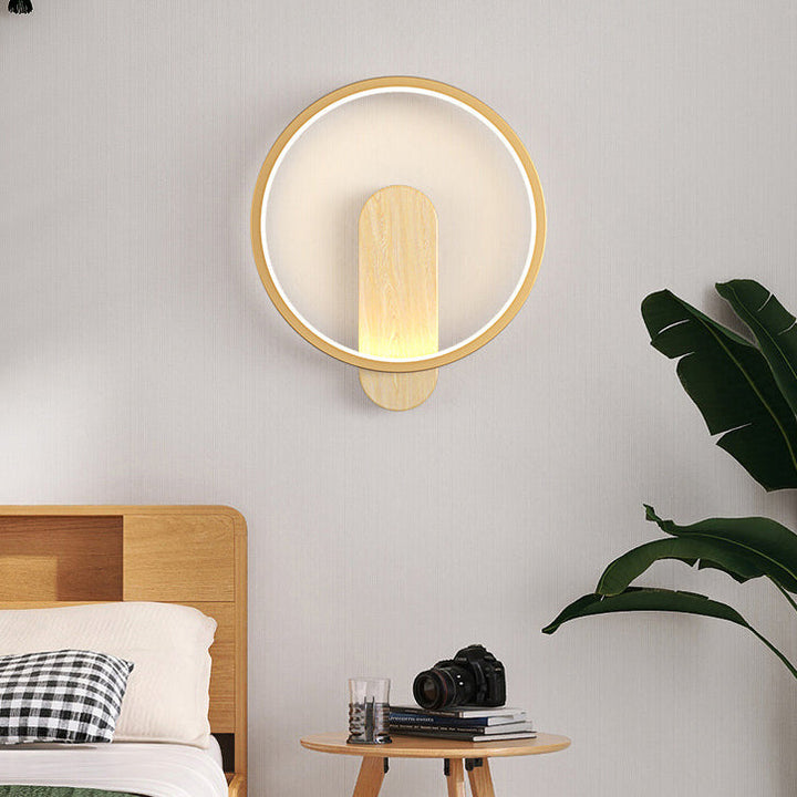 Applique murale LED ovale ronde minimaliste moderne en grain de bois et fer pour salon 