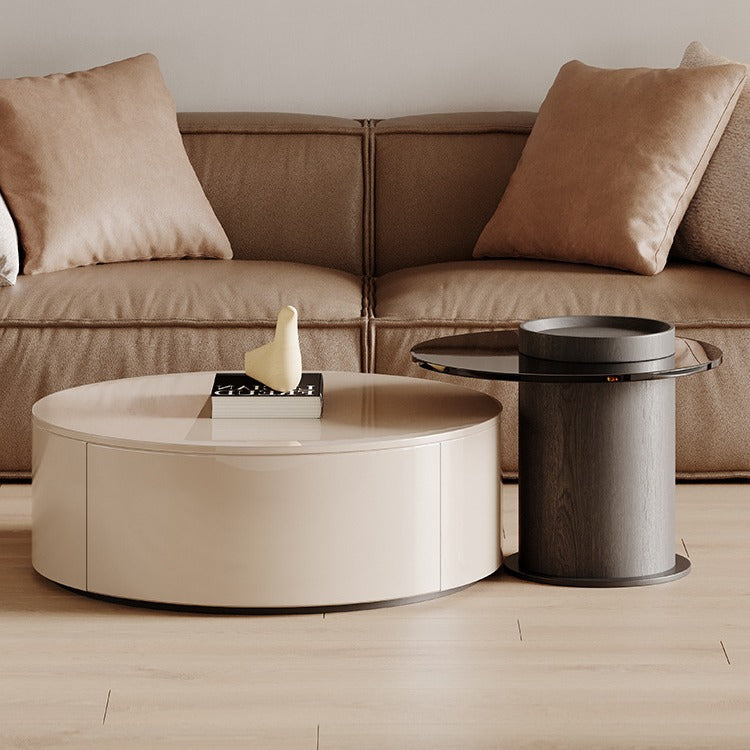 Modern Minimalist Round Plywood Metal Glass Coffee Table Set 2-Drawer For Living Room