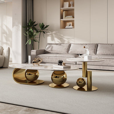 Table basse contemporaine nordique elliptique ronde en pierre de roche en acier inoxydable pour salon 