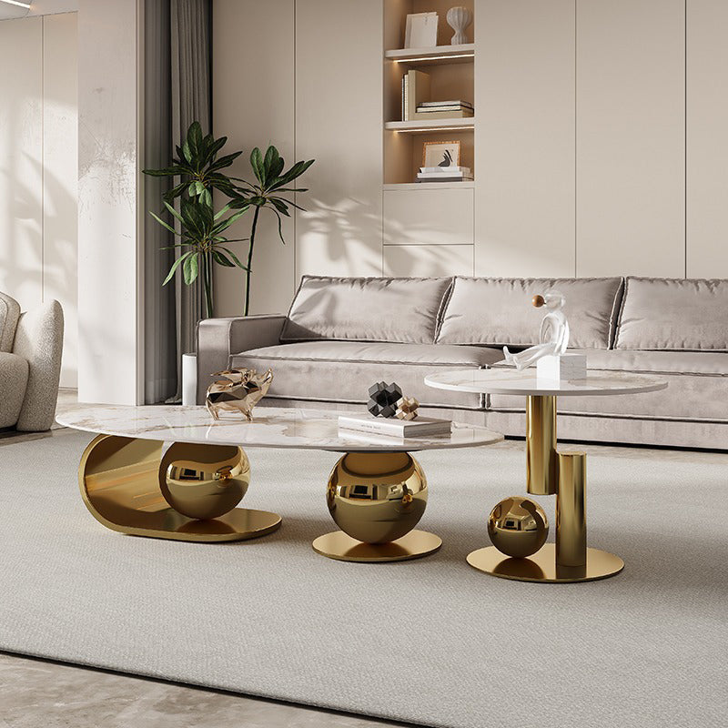 Table basse contemporaine nordique elliptique ronde en pierre de roche en acier inoxydable pour salon 