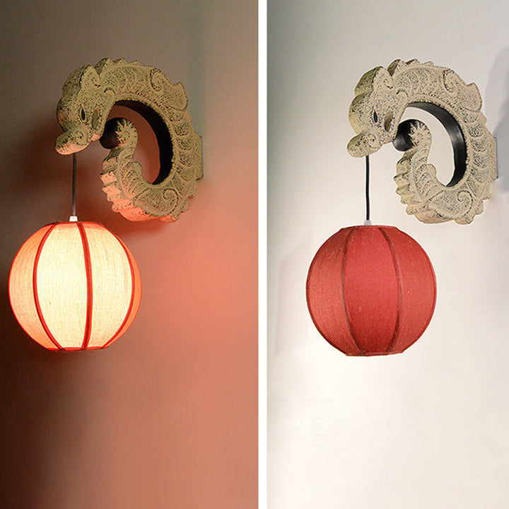 Abat-jour en tissu classique chinois traditionnel avec lanterne, design de dragon volant sculpté en résine, applique murale à 1 lumière pour salon 