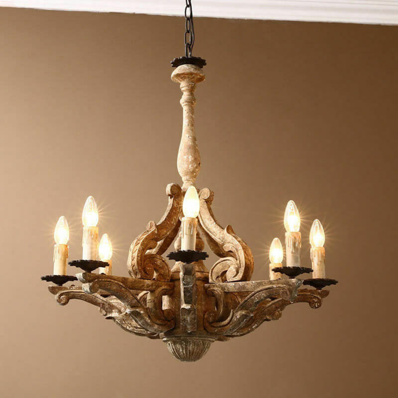 Industrial Vintage Wood Frame Candle Design 8-Light Chandelier