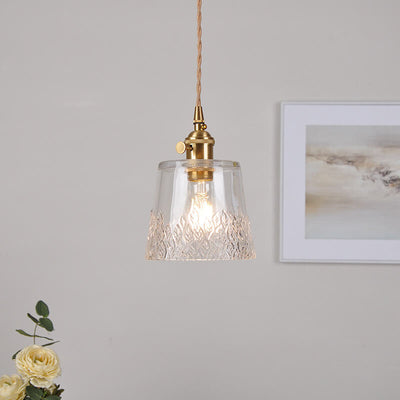 Japanese Vintage Floral Glass Cone Brass 1-Light Pendant Light