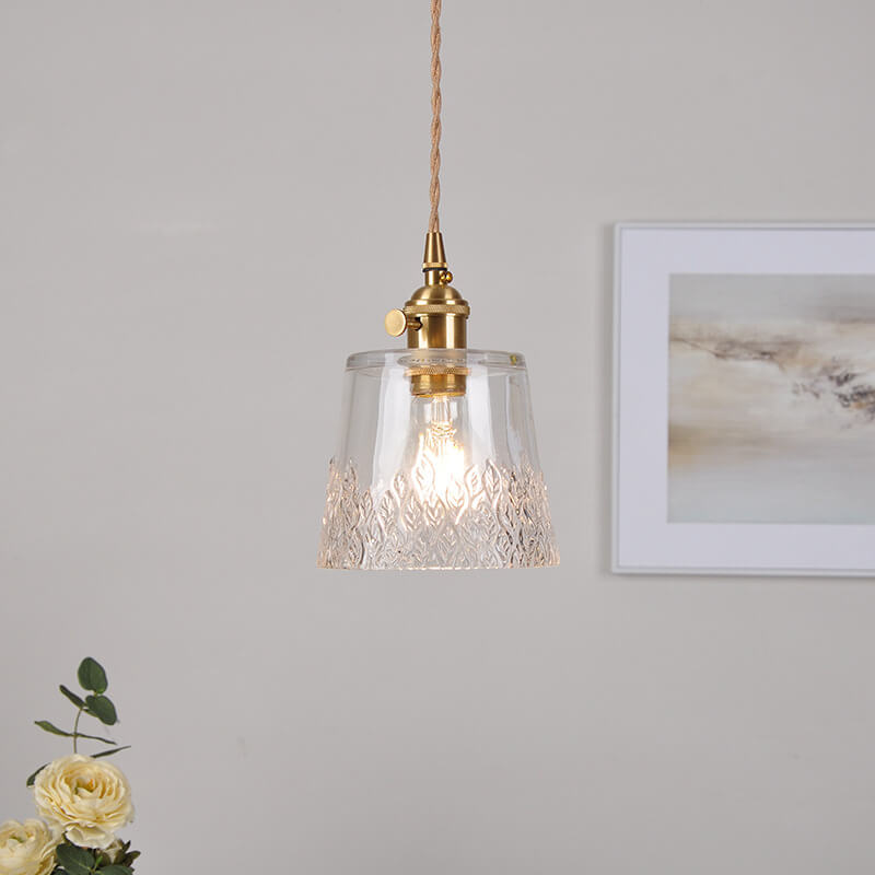 Japanese Vintage Floral Glass Cone Brass 1-Light Pendant Light