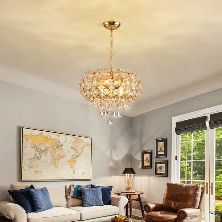 Lustre traditionnel de luxe rond en fer avec cristaux à 4 lumières pour salon 