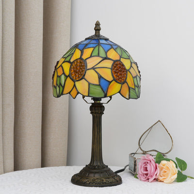 Traditionelle Tiffany-Tischlampe in Sonnenblumen-Regenschirmform aus Kunstharzglas mit 1 Licht für Schlafzimmer 
