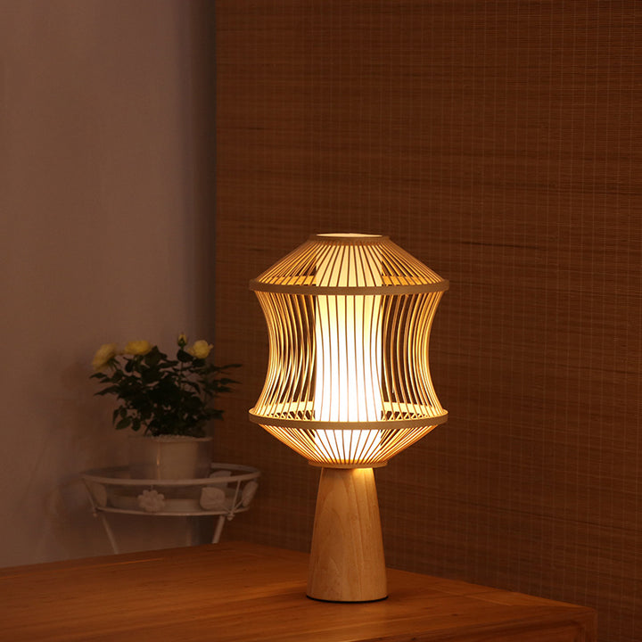 Traditional Japanese Nan Bamboo Solid Wood Geometric Cage Column 1-Light Table Lamp For Living Room &amp; Bedroom