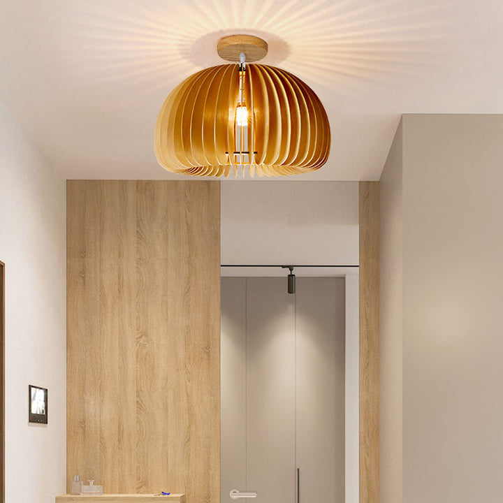 Zeitgenössische Retro-Holzkürbisform 1-Licht Semi-Flush Mount Deckenleuchte für Schlafzimmer 