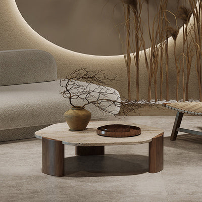 Mesa de centro contemporánea nórdica hexagonal de travertino con 3 patas de madera para sala de estar 