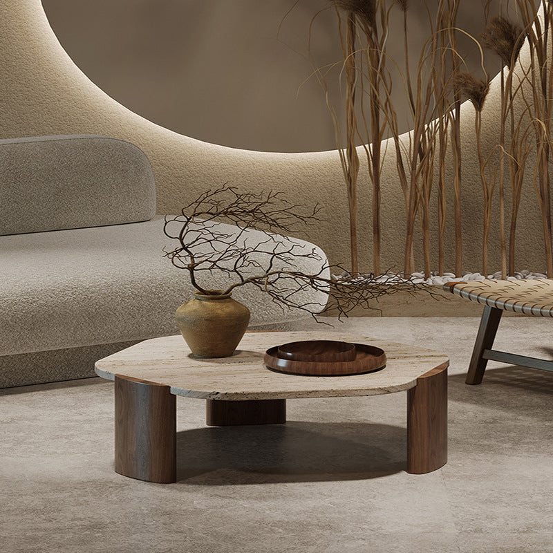 Mesa de centro contemporánea nórdica hexagonal de travertino con 3 patas de madera para sala de estar 