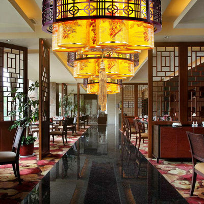 Traditioneller chinesischer Eisen-Holz-PVC-Rundzylinder bedruckter 7/9/11-Licht-Kronleuchter für Esszimmer 
