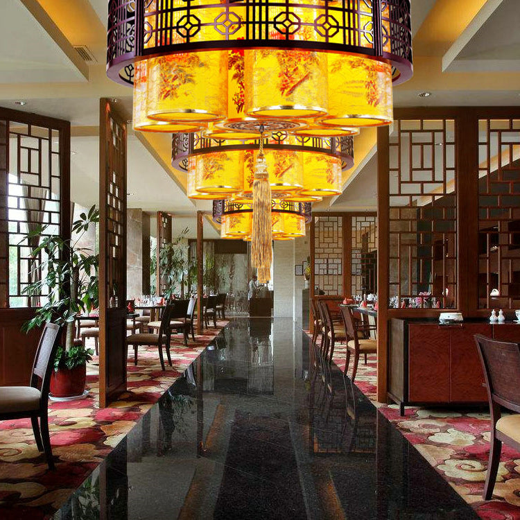 Traditioneller chinesischer Eisen-Holz-PVC-Rundzylinder bedruckter 7/9/11-Licht-Kronleuchter für Esszimmer 