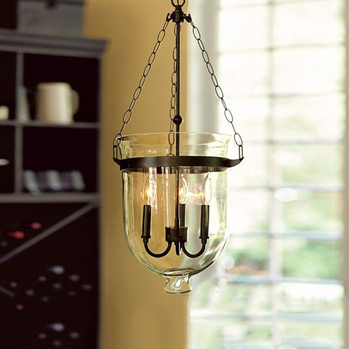 Traditioneller rustikaler runder Glas-Eimer Eisen-Kerzenhalter 3-Licht Kronleuchter für Wohnzimmer 