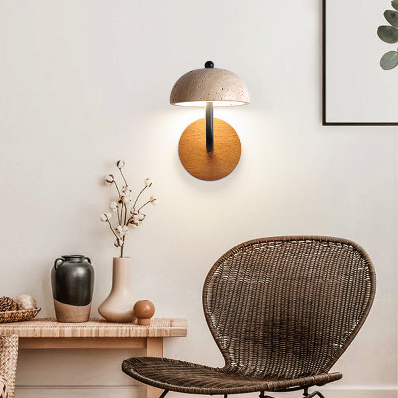 Traditionelle japanische halbrunde beige Travertin Holz LED Wandleuchte Lampe für Schlafzimmer 