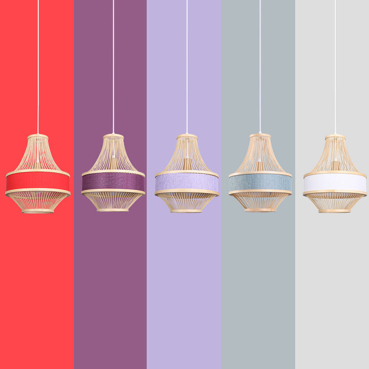Modern Boho Bamboo Weaving Lantern Fabric 1-Light Pendant Light For Dining Room