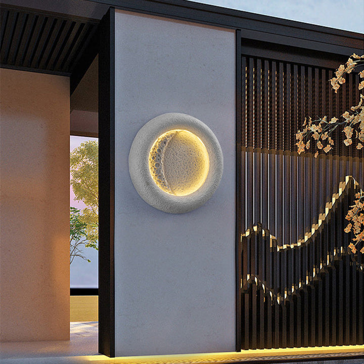 Lámpara de Aplique de Pared LED de Luna Redonda de Concreto Impermeable Vintage Tradicional con Luz Cálida para Jardín 