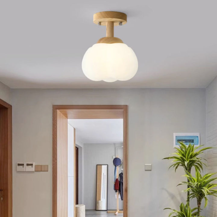 Monture de plafond semi-encastrée à 1 lumière en bois de caoutchouc de simplicité moderne PE citrouille ronde pour couloir 