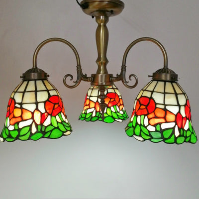 Traditional Tiffany European Rose Stained Glass Bell 3-Light Chandelier For Bedroom