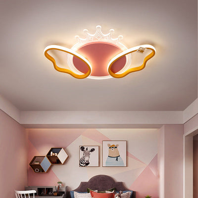Modern Art Deco Butterfly Crown Round Acrylic Iron LED Flush Mount Ceiling Light For Bedroom