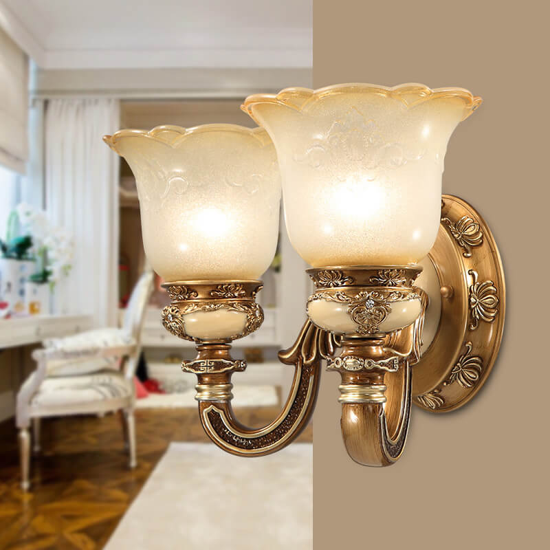 European Vintage Flower Cup Iron Resin Glass 1/2 Light Wall Sconce Lamp