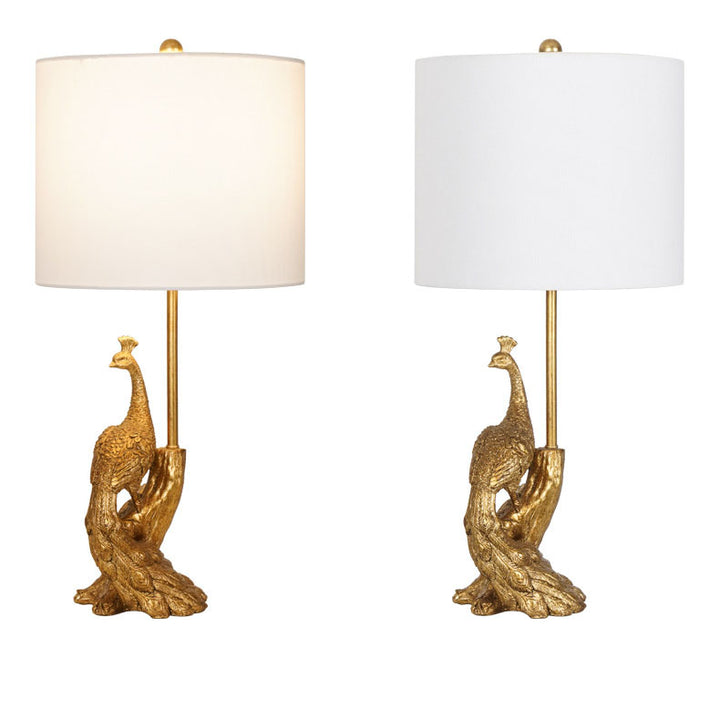 Traditional Vintage Cylindrical Peacock Resin Gold Foil Fabric 1-Light Table Lamp For Bedroom