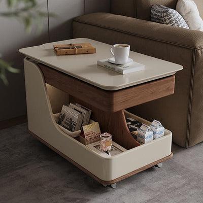 Table d'appoint réglable en hauteur avec plateau en pierre frittée rectangulaire nordique contemporain à roulettes à 3 niveaux pour salon 