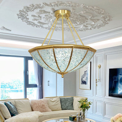 Lustre moderne de luxe avec cadre en cuivre et abat-jour rond en cristal à 5 lumières pour salon 