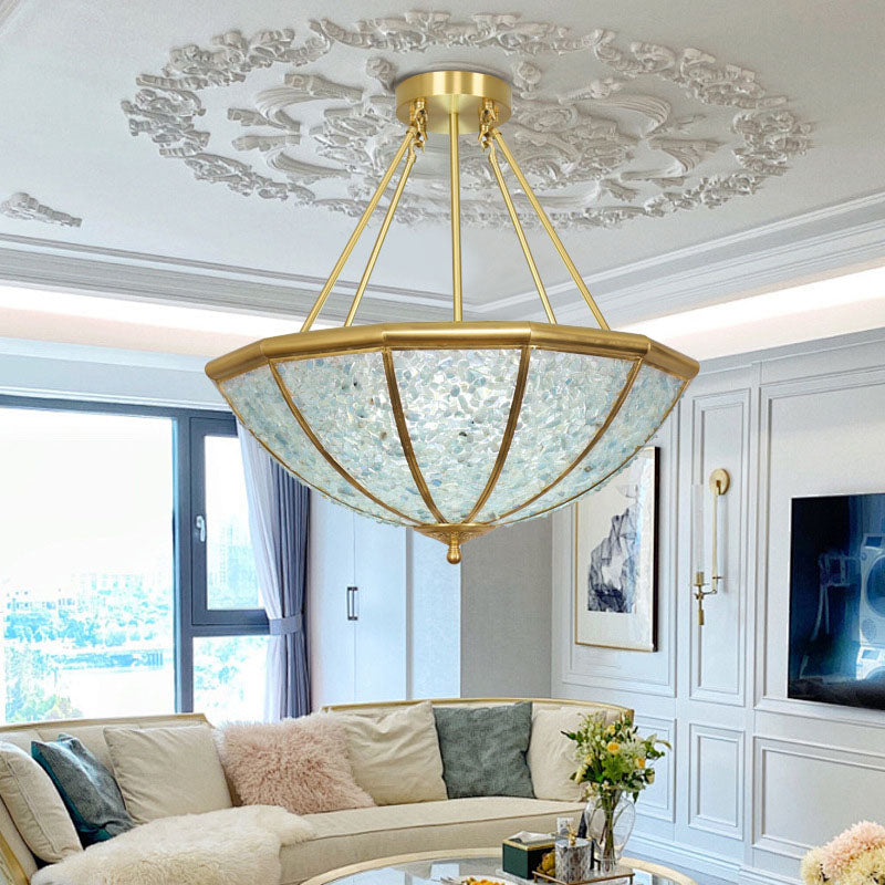 Lustre moderne de luxe avec cadre en cuivre et abat-jour rond en cristal à 5 lumières pour salon 