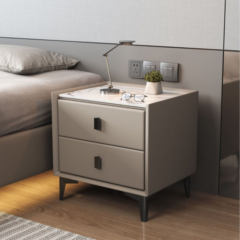Table de nuit moderne en bois massif à dessus en pierre frittée cubique à 2 tiroirs pour chambre à coucher 