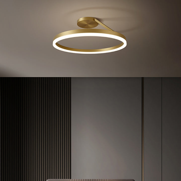 Luz de techo LED de montaje semi-empotrado con pantalla redonda de línea curva de cobre completo minimalista moderno para sala de estar 