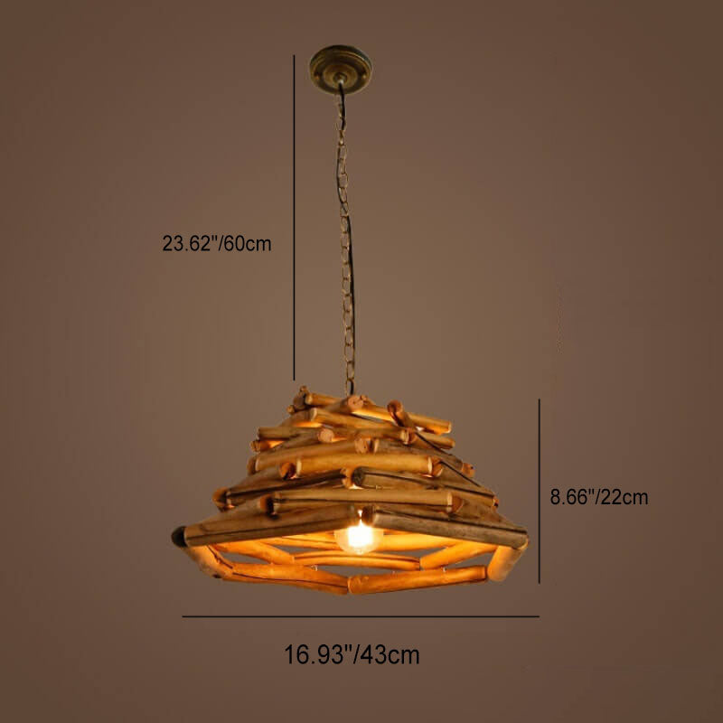 Traditional Vintage Solid Wood Iron Tree Branch Cone 1-Light Pendant Light for Living Room